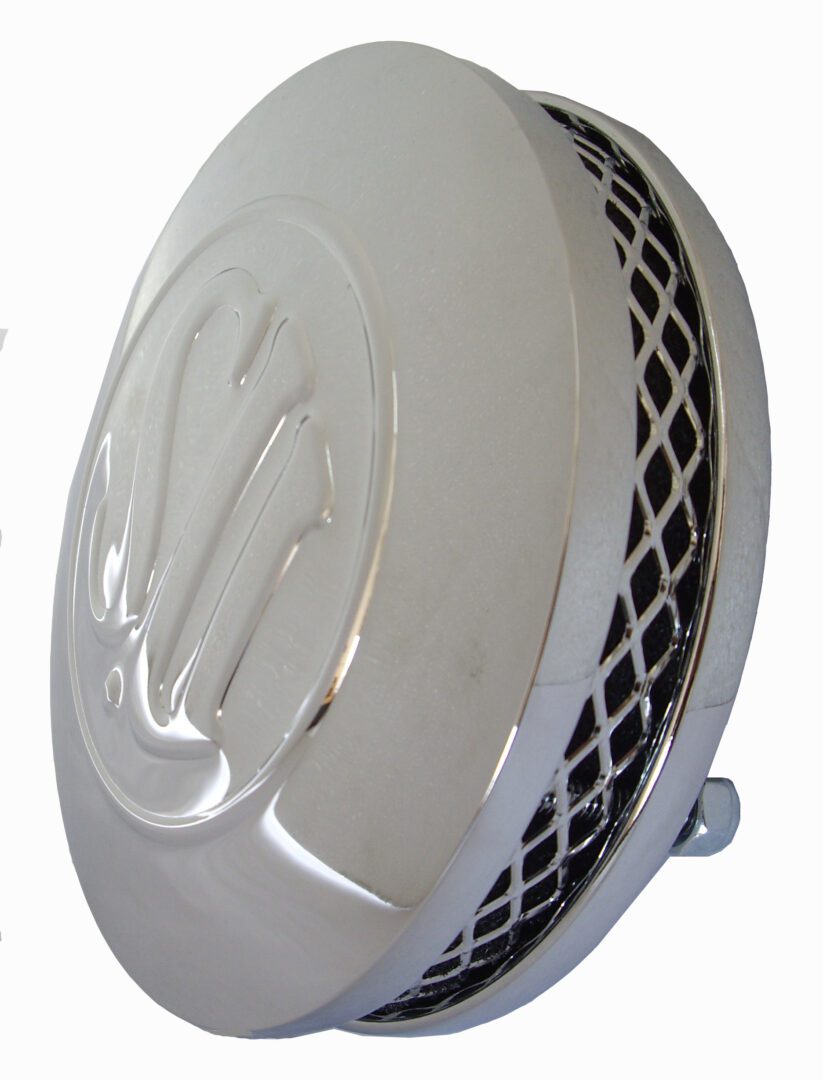 A chrome air cleaner with the letter e on it.
