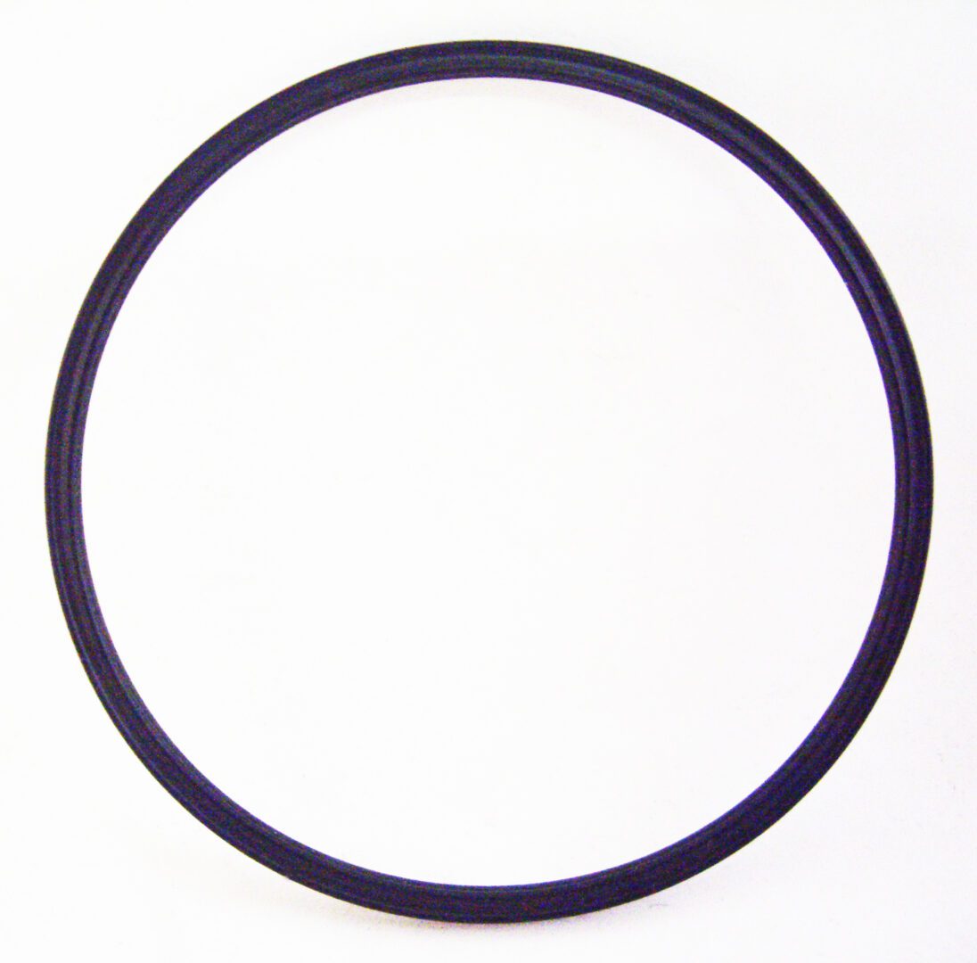 A black rubber ring is sitting on the floor.