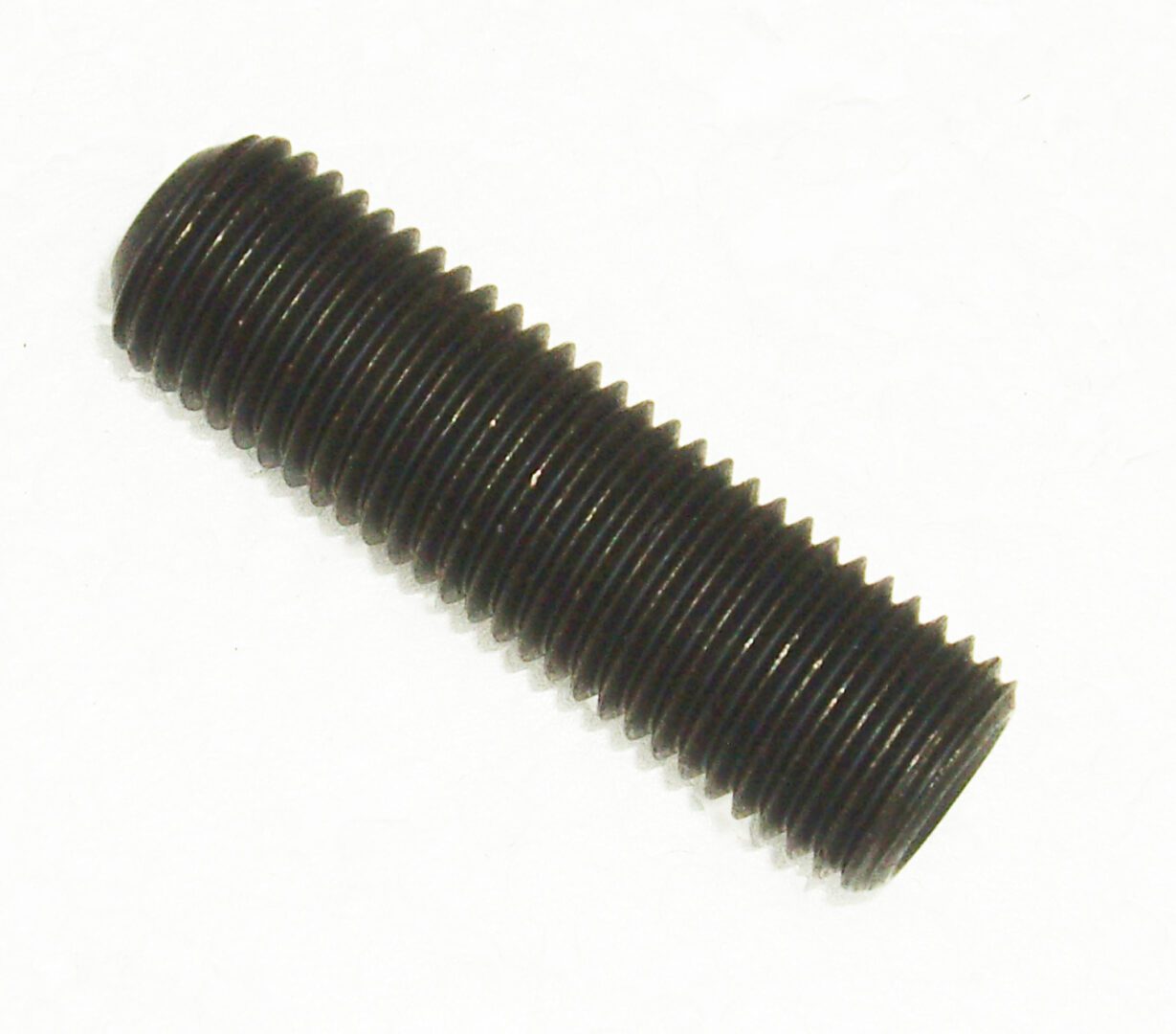 A black metal threaded rod with a long end.