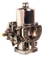 A chrome plated carburetor with the front of it.