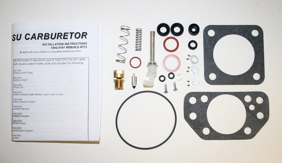 A kit with all the parts needed to repair an old carburetor.