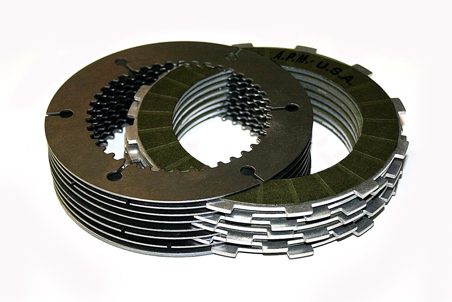 A stack of metal plates with different sizes and shapes.