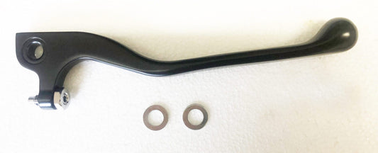 A pair of black handles and two metal washers.