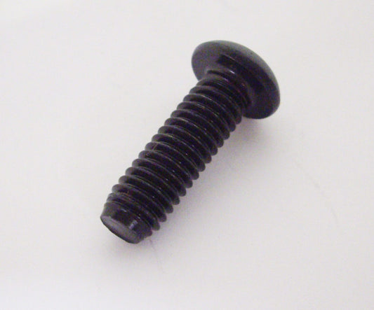 A black plastic screw with a hole in it.