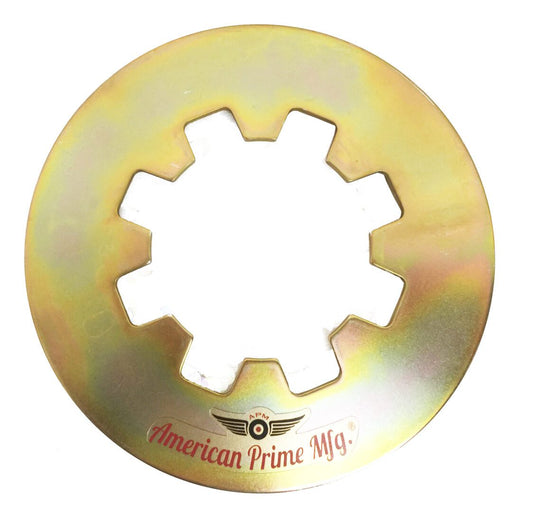A gold colored disc with an image of a gear on it.