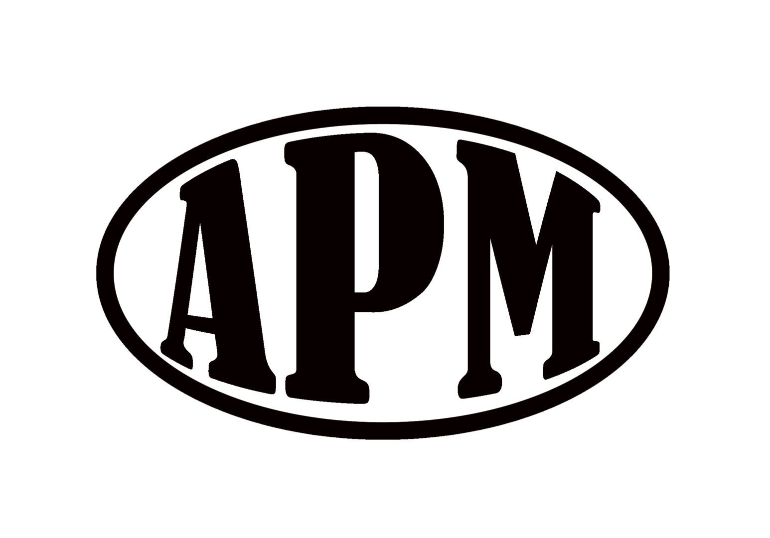 A black and white image of the apm logo.