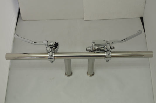 A pair of chrome pipes with two handles on each side.